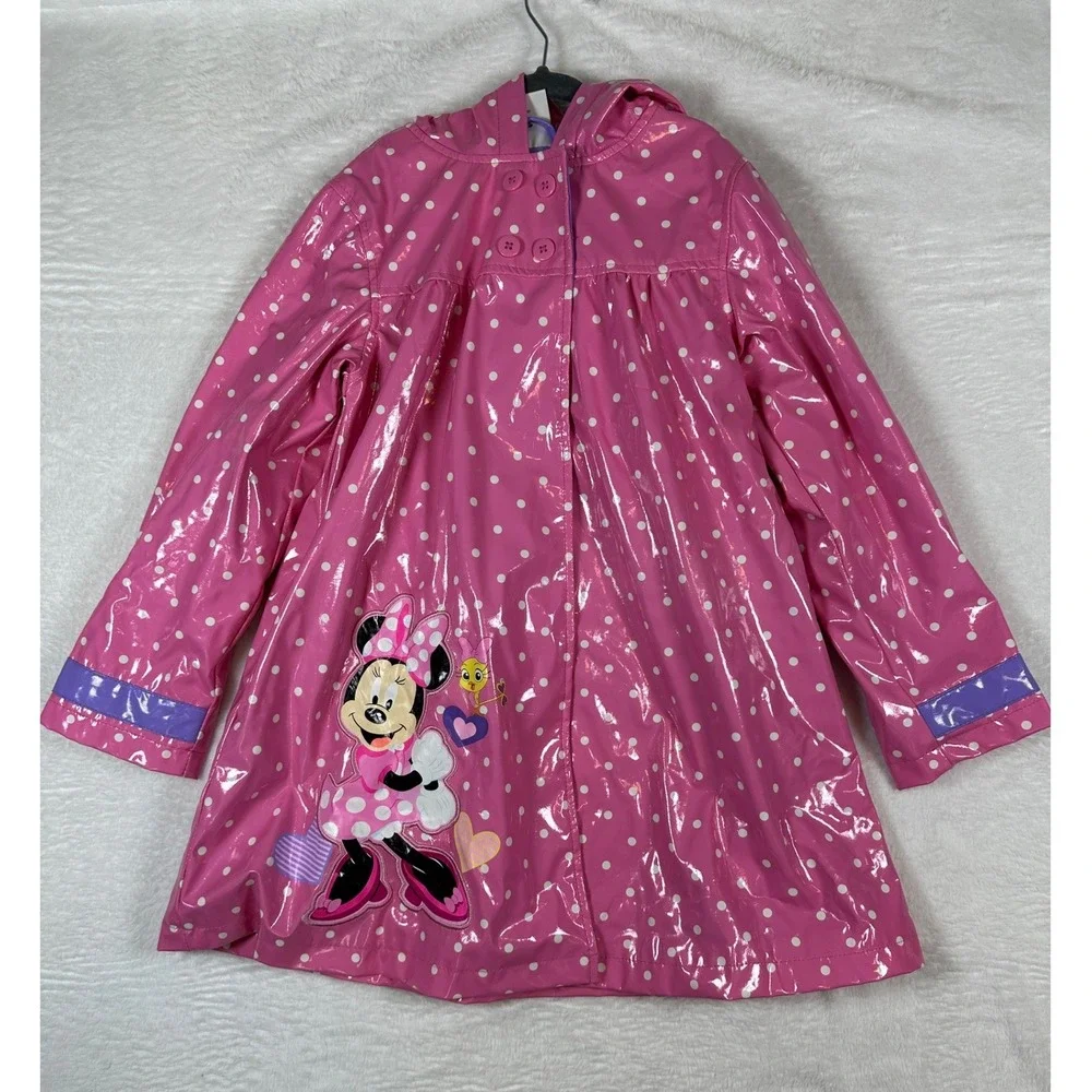 Disney Minnie Mouse Raincoat Girls 5/6 Pink Polka Dot Hooded Jacket